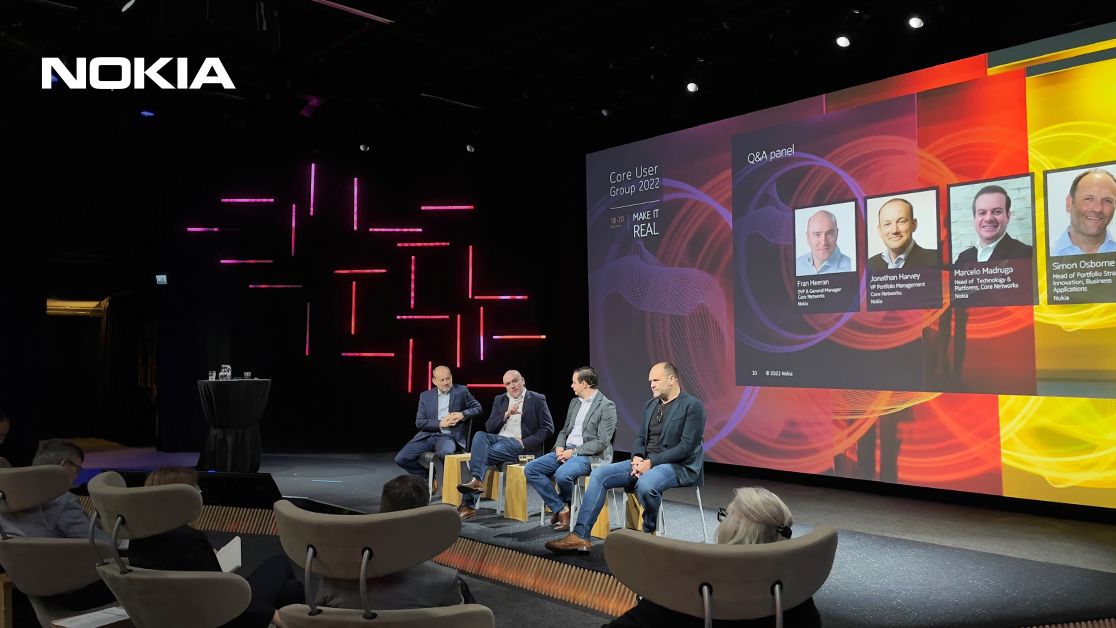 Nokia Core User Group 2022 Q&A for analysts panel featuring Fran Heeran, Jonathan Harvey, Marcelo Madruga, and Simon Osborne, discussing Nokia's Core Networks at the Executive Experience Center in Espoo.