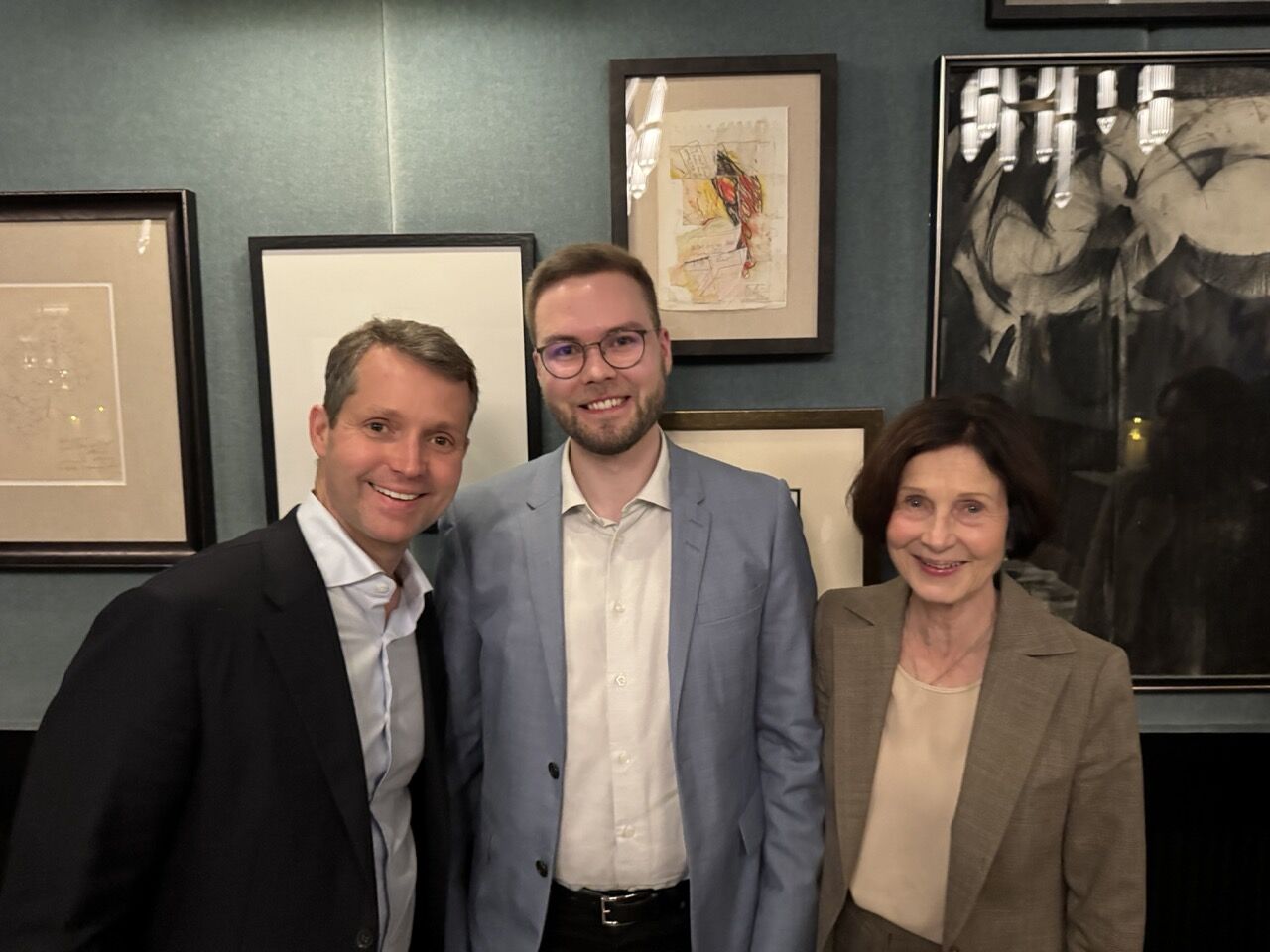 Nokia Board of Directors Chair Sari Baldauf, Nokia CEO Justin Hotard, and Lauri Alho at a Silicon Valley dinner, discussing Nokia's vision, the AI supercycle, and programmable networks.