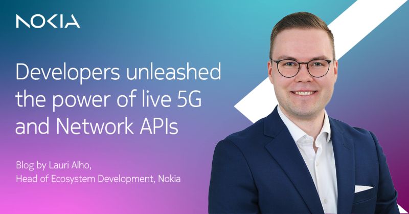Official somecard for Lauri Alho, Head of Ecosystem Development at Nokia, promoting his blog post on the Unbreakable Connectivity hackathon, emphasizing the power of live 5G and Network APIs, and driving innovation in Network as Code.