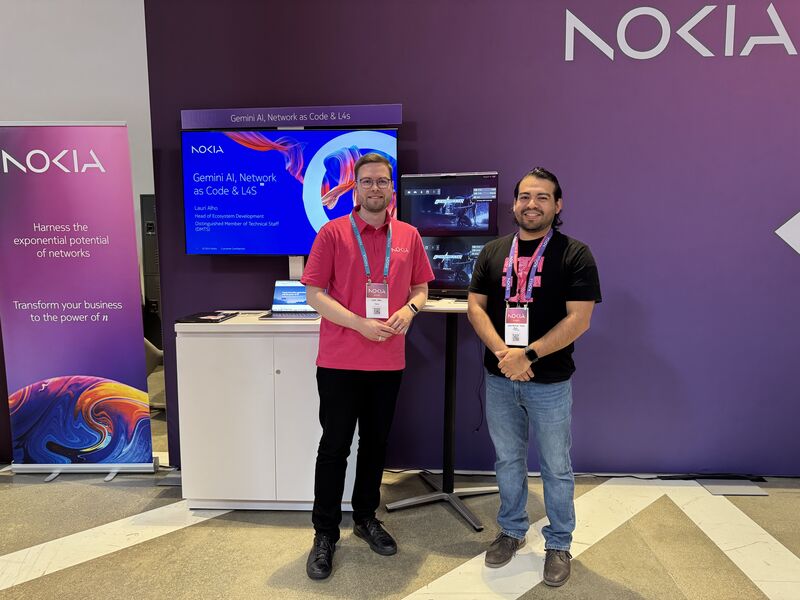 Lauri Alho and Jose M Tapia present the Nokia Gemini AI, Network as Code & L4S demo at Nokia's T-Mobile Amplify event, showcasing NaC AI chatbot integration with T-Mobile's 5G network for Nvidia GeForce NOW cloud gaming.