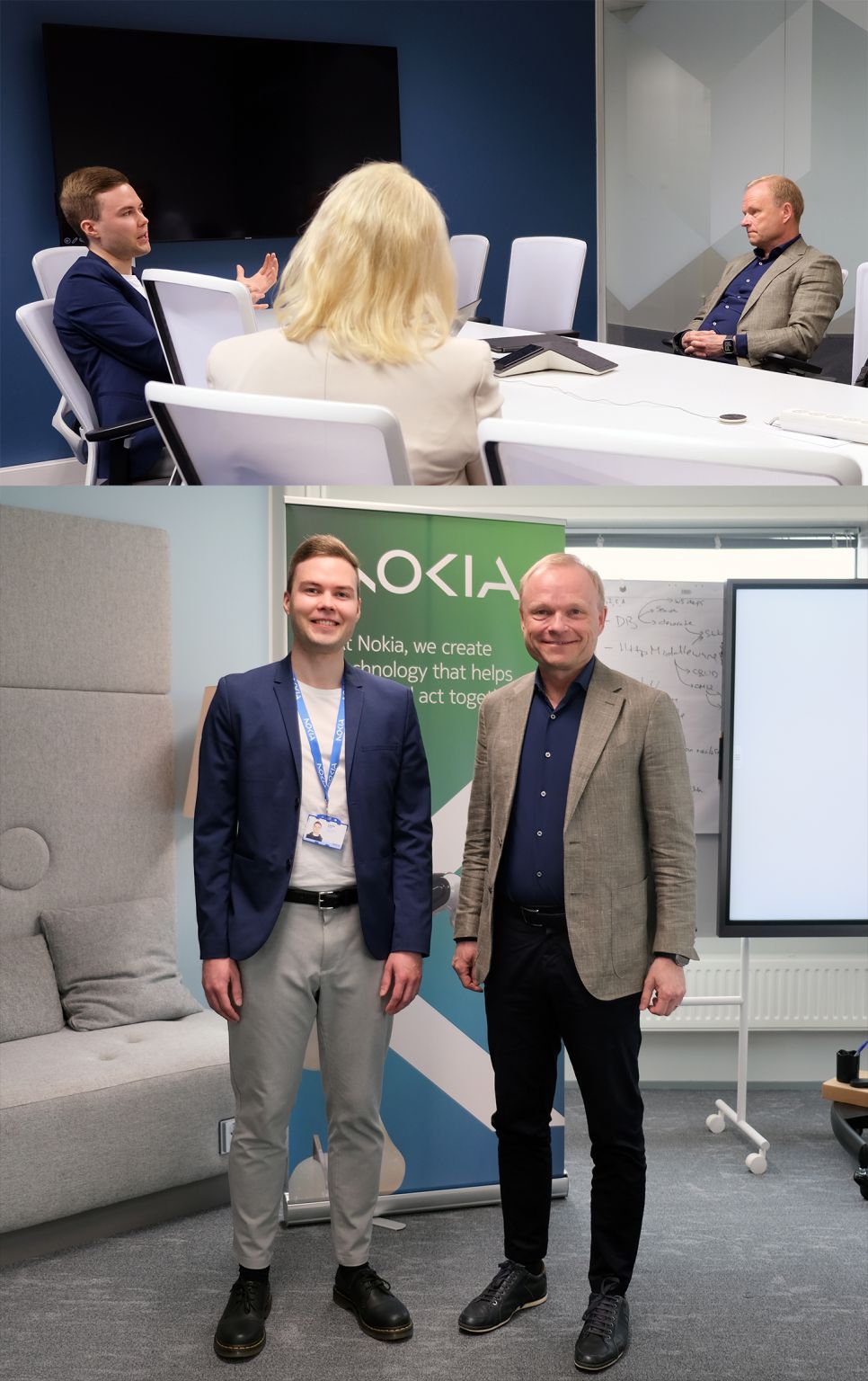 Nokia President and CEO Pekka Lundmark engaging in discussions with Lauri Alho at Nokia's Tampere office regarding Nokia Arena showcases and insights.
