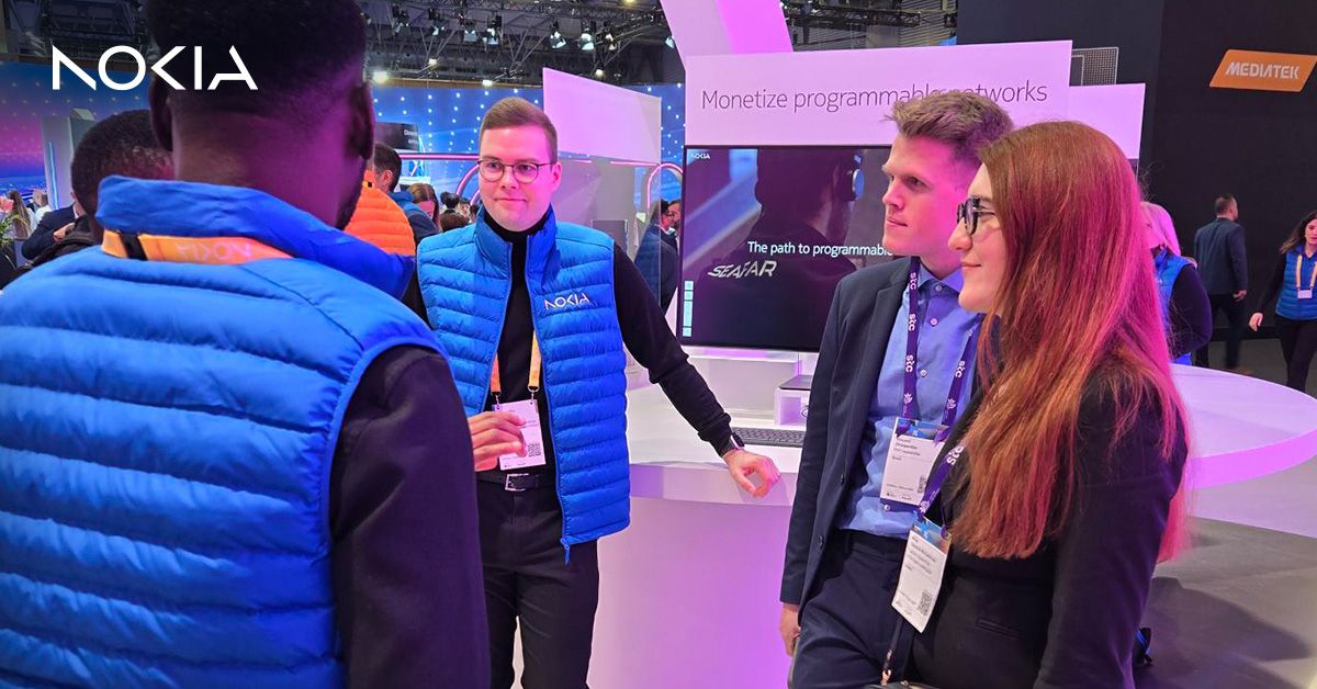 Lauri Alho with ecosystem partners at MWC24, showcasing Network as Code solutions for monetizing programmable networks and driving 5G monetization.