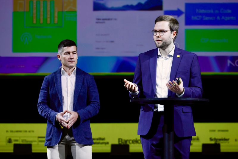 Lauri Alho, a technology executive, presents the Nokia's vision for AI at MWC in Barcelona, showcasing Network as Code, programmable monetization, and Network API capabilities together with ecosystem partner Blocksport CEO Vladimir Liulka. 
