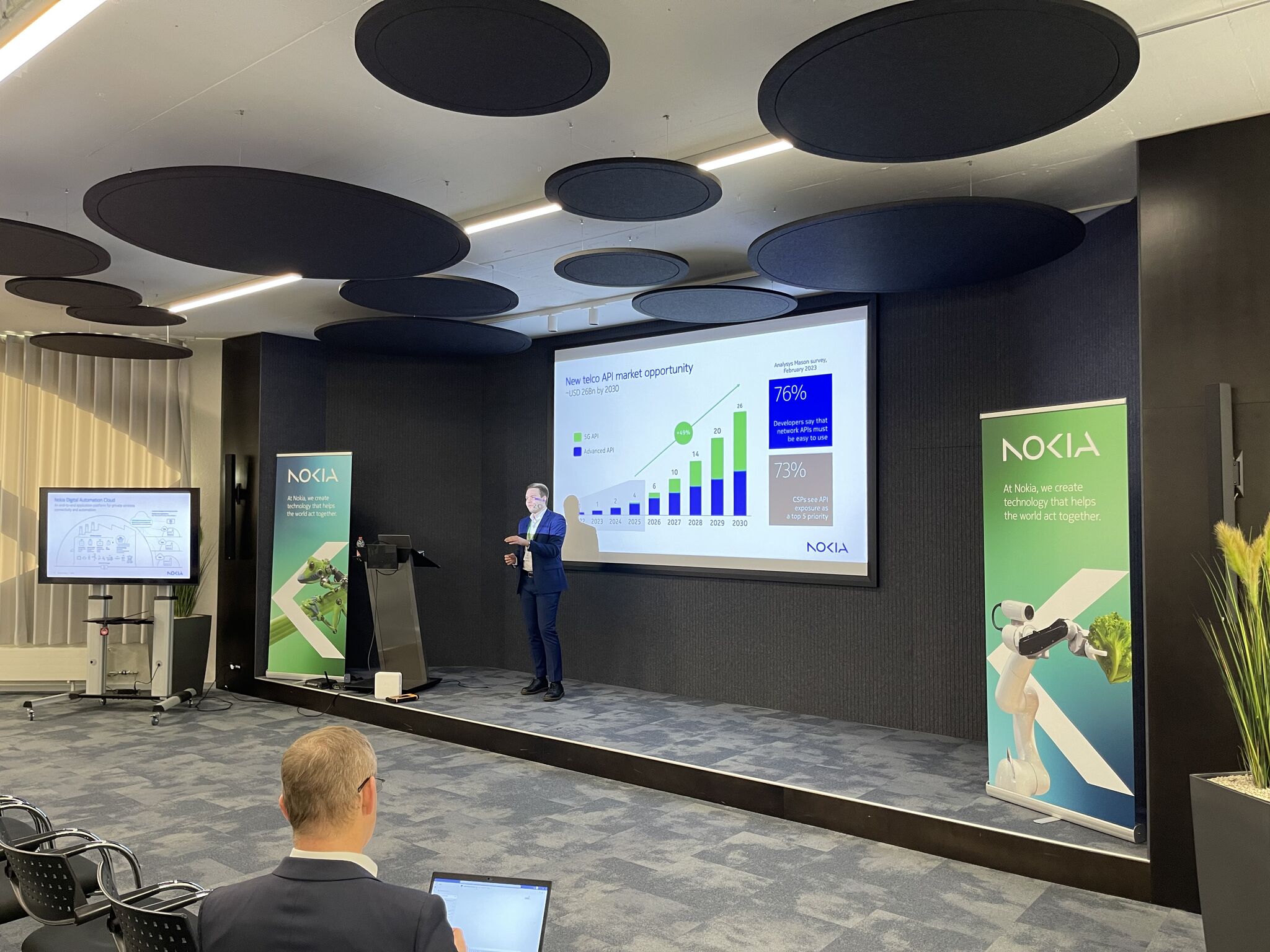 Lauri Alho presenting on 'Network as Code' at the Nokia Innovation Day held at Swisscom in Bern, Switzerland.