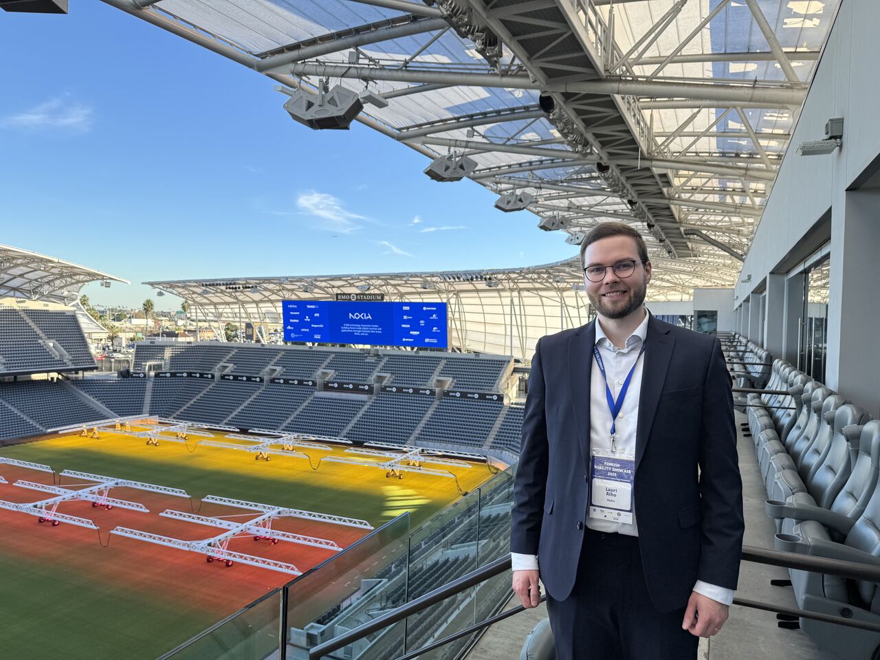 Lauri Alho of Nokia at BMO Stadium in Los Angeles, participating in the Finnish Mobility Showcase with the Team Finland delegation.