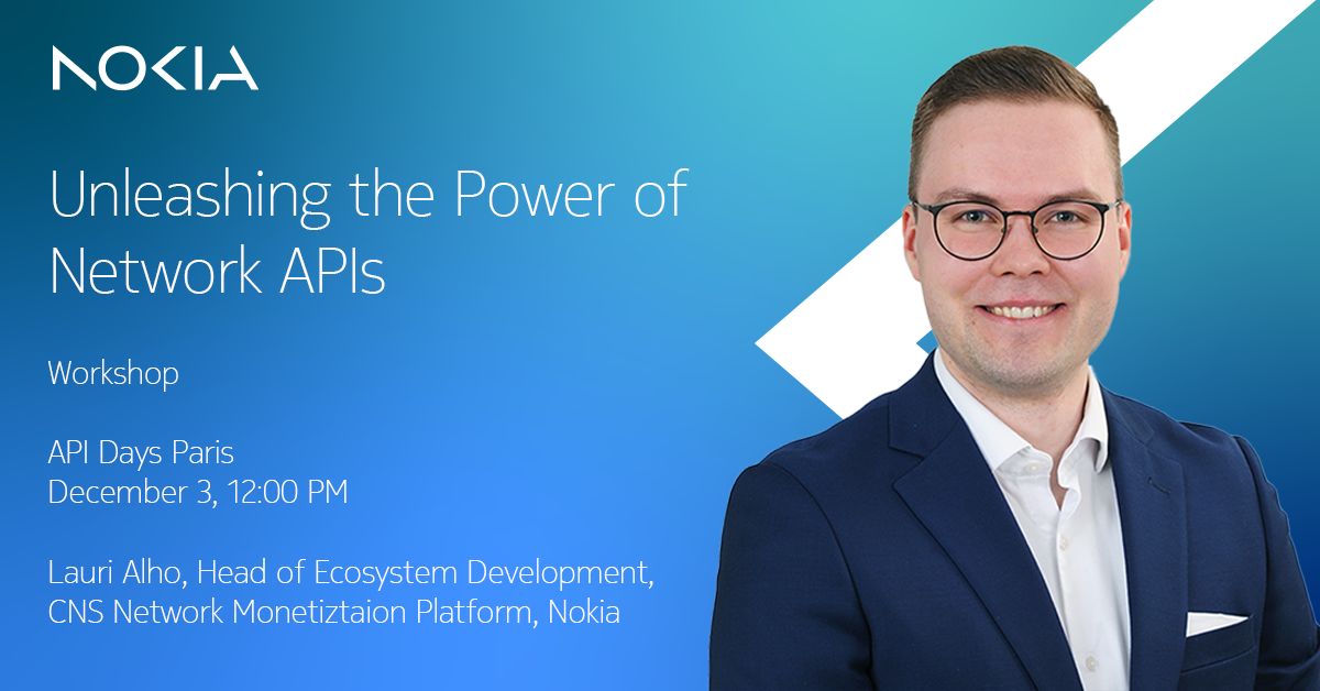 Official somecard of Lauri Alho, Head of Ecosystem Development at Nokia, presenting the "Unleashing the Power of Network APIs" workshop at API Days Paris, discussing Nokia's solutions and innovative use cases.