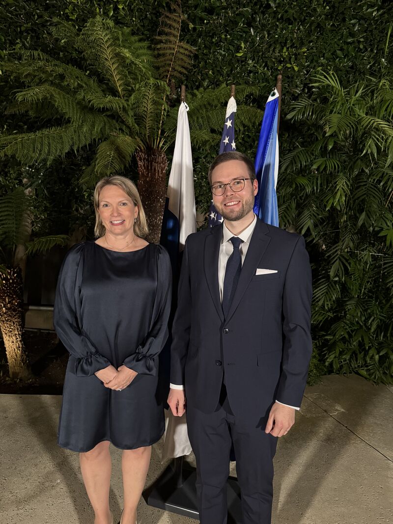 Consul General of Finland in Los Angeles, Minna Laajava, with Lauri Alho at the Independence Day reception.