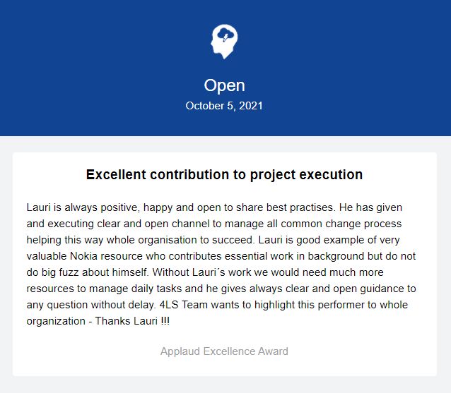 Applaud Excellence Award recognizing Lauri for excellent contribution to project execution and embodying openness at Nokia, as highlighted by colleague Juhani Kanerva.