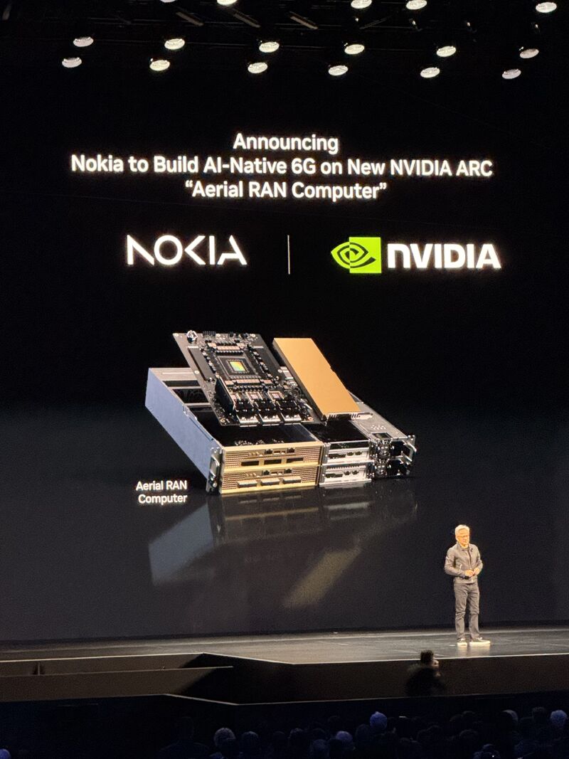 Lauri Alho's picture of Jensen Huang, NVIDIA CEO, presents at NVIDIA GTC DC, unveiling the Nokia and NVIDIA partnership to develop AI-Native 6G using the NVIDIA ARC "Aerial RAN Computer," integrating NVIDIA GPUs for AI-RAN capabilities.